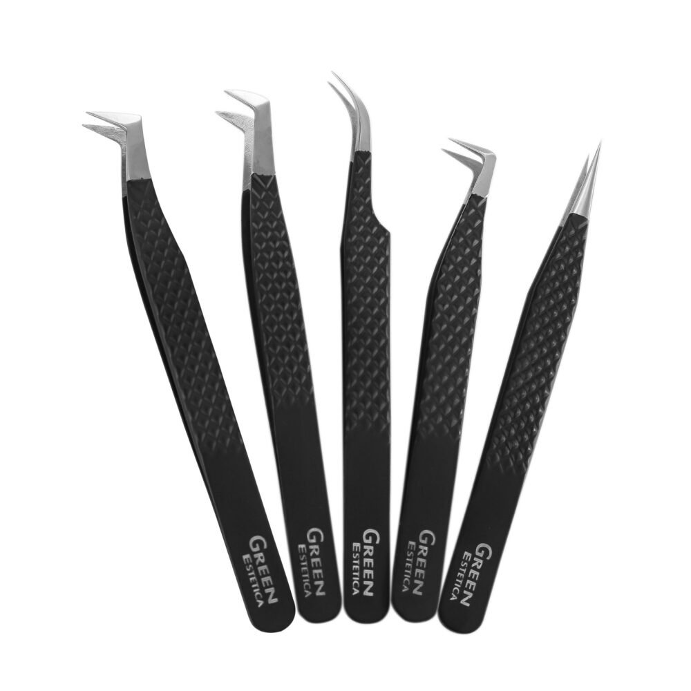 Black 5 Pcs Stainless Steel Eyelash Tweezers Set