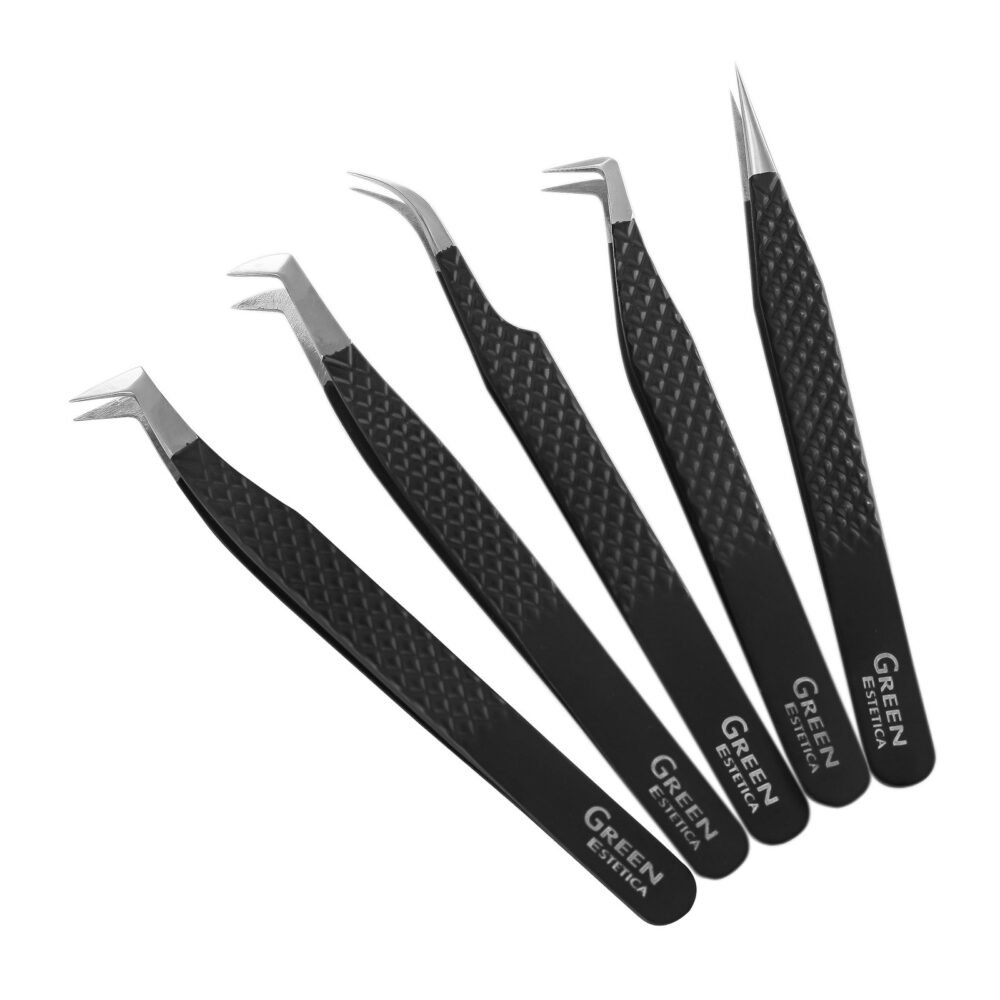 Black 5 Pcs Stainless Steel Eyelash Tweezers Set - Image 2