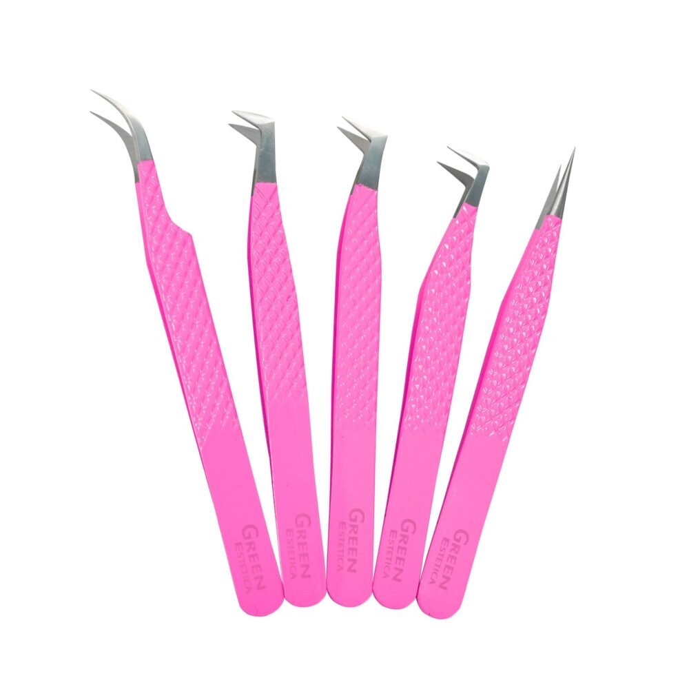 Pink 5 Pcs Stainless Steel Eyelash Tweezers