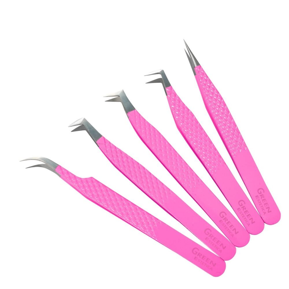 Pink 5 Pcs Stainless Steel Eyelash Tweezers - Image 2